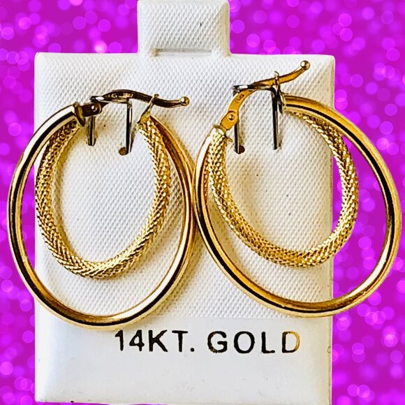 14K Yellow Gold Earrings Duble Hoops Italy 2.2 grams Leverback New - Picture 4 of 15